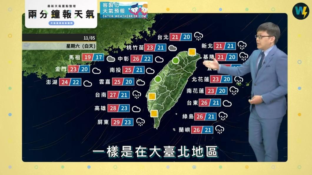 明日的基隆北海岸到宜蘭地區將有降雨。（圖／翻攝自天氣風險臉書）