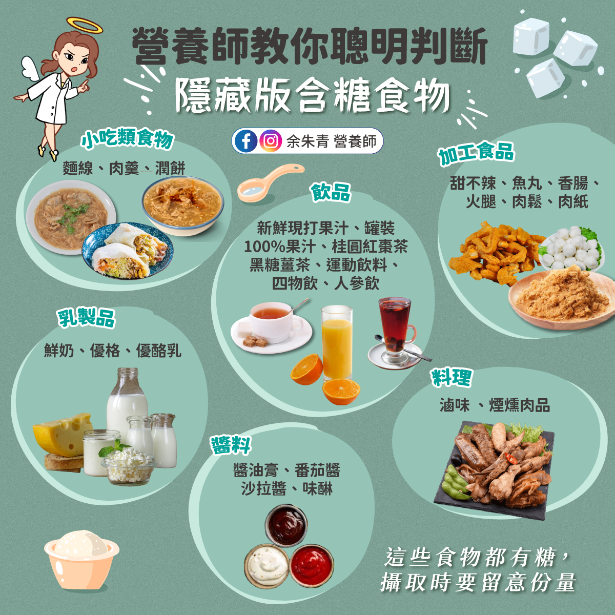 營養師整理出多種隱藏的含糖食物。(圖/翻攝自余朱青營養師臉書)