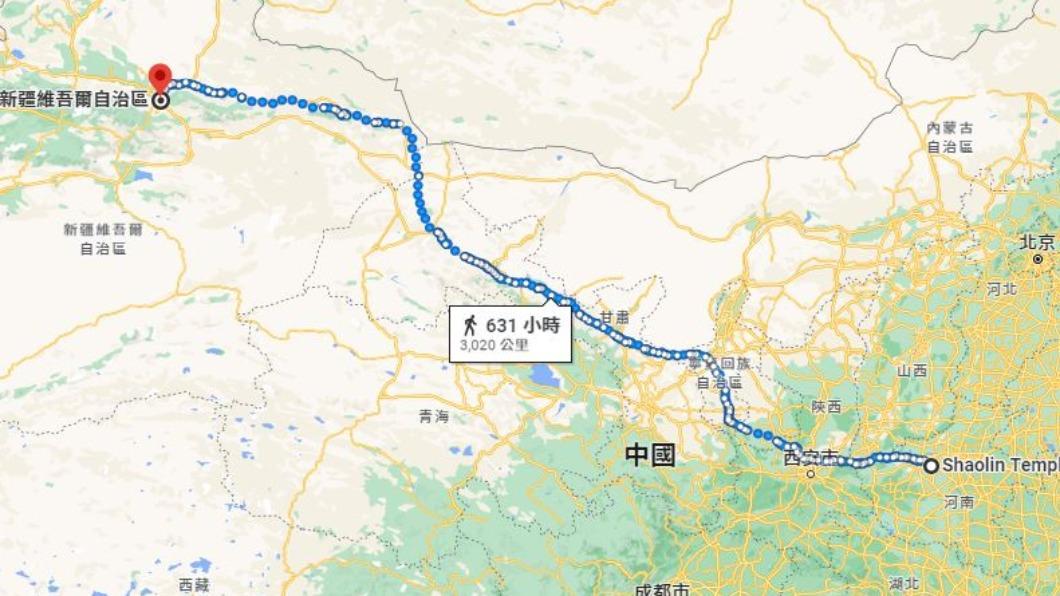 網友分析,若從少林寺步行到新疆,至少得花27天。(圖/翻攝自Google Map)