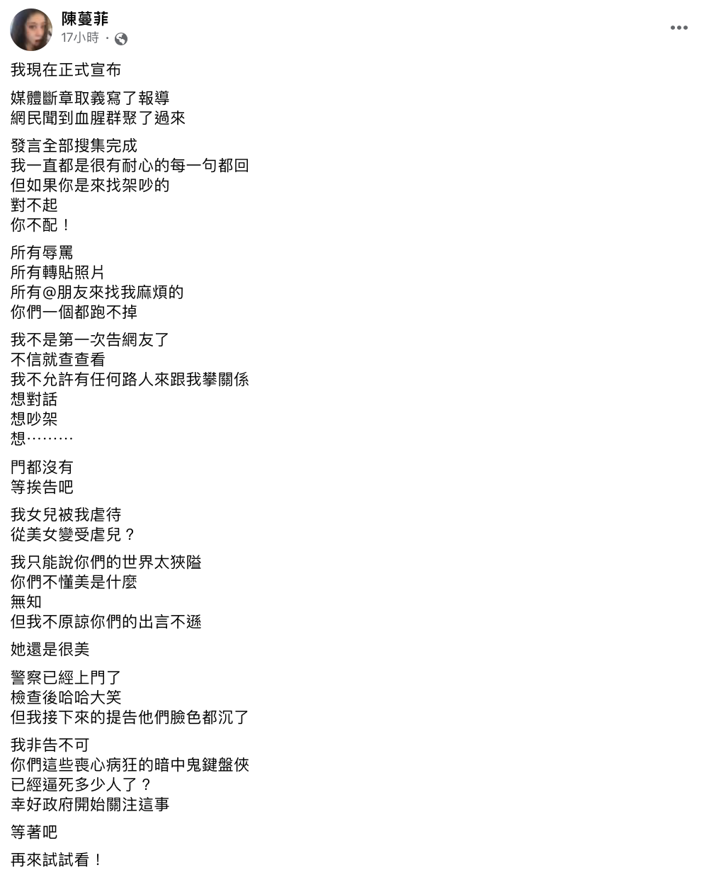 陳蔓菲發文反擊網友。（圖／翻攝自陳蔓菲臉書）
