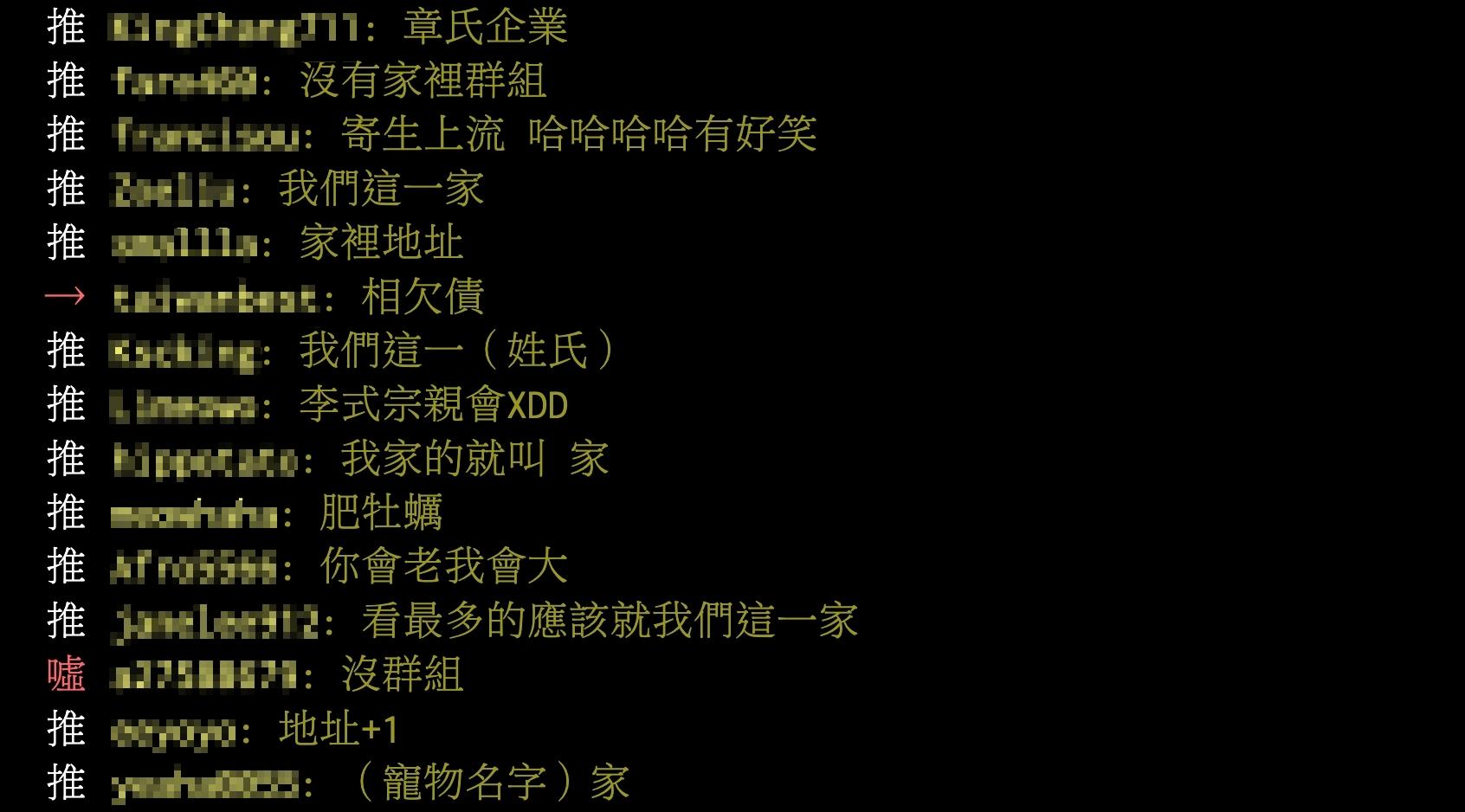 網友留言分享自家的家庭群組名稱。(圖/翻攝自PTT)