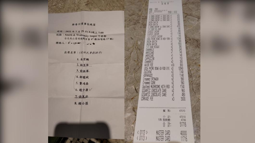 晚宴出席名單和帳單明細。(圖/翻攝自劉宇臉書)