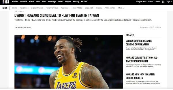 NBA在官網上刊登霍華德將加盟桃園永豐雲豹的消息.(圖/翻攝自NBA官網)