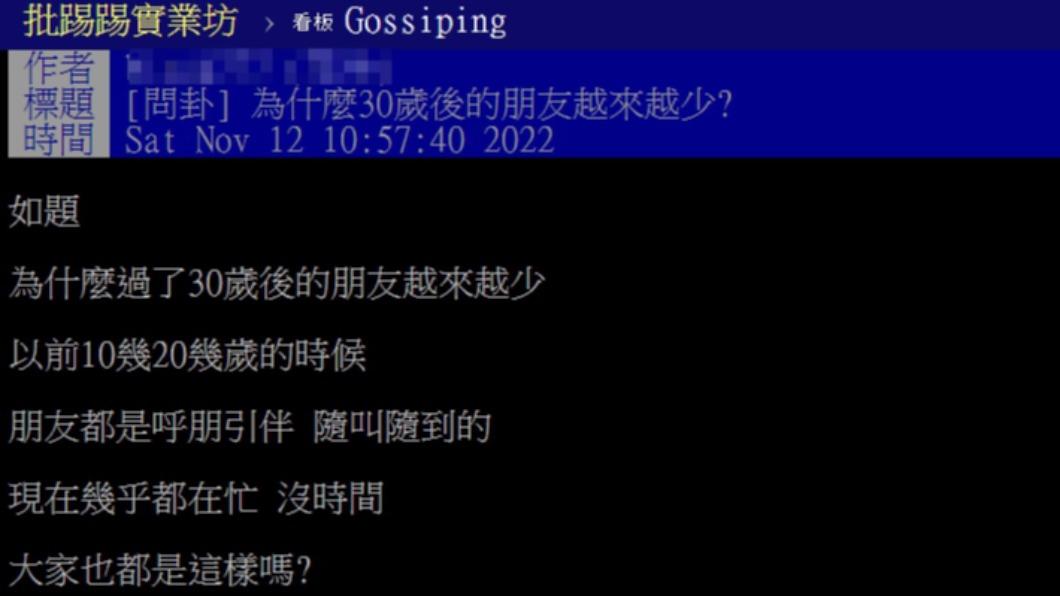 原PO表示,自己在年輕時的朋友都可隨叫隨到。(圖/翻攝自PTT)