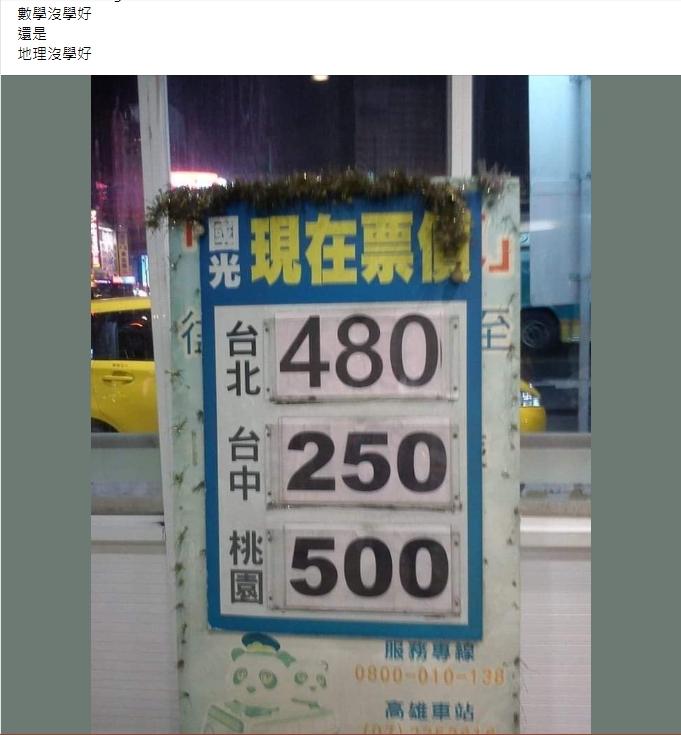 原PO對於「高雄到桃園比台北貴」感到困惑。(圖/翻攝自爆廢公社公開版)
