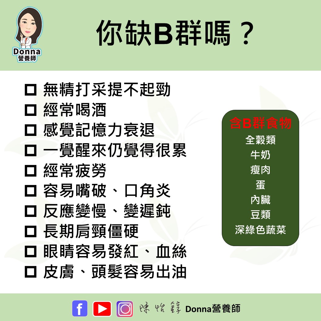 營養師整理,缺乏B群的10大身體徵兆。(圖/翻攝自營養師陳怡錞臉書)
