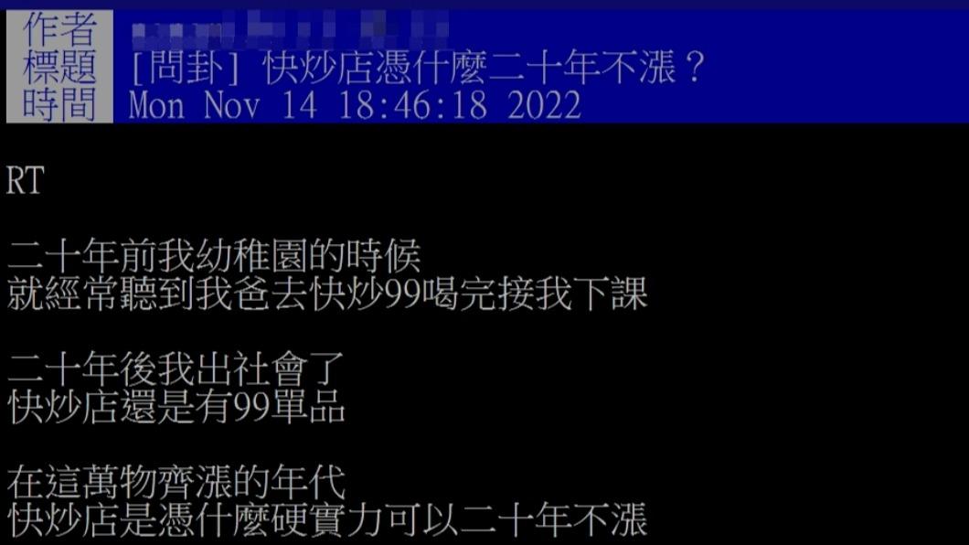 原PO詢問網友，熱炒店20年不漲價的秘密。（圖／翻攝自PTT）