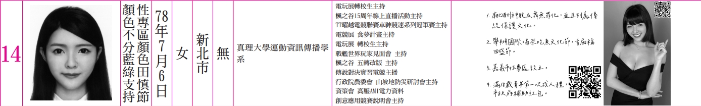 顏色不分藍綠支持性專區顏色田慎節參選嘉義市第1選舉區議員。(圖/翻攝自選舉公報)