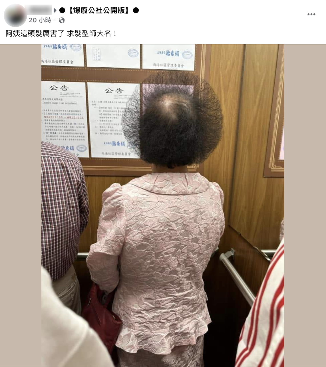 網友在電梯中發現特殊髮型。(圖/翻攝自爆廢公社公開版)