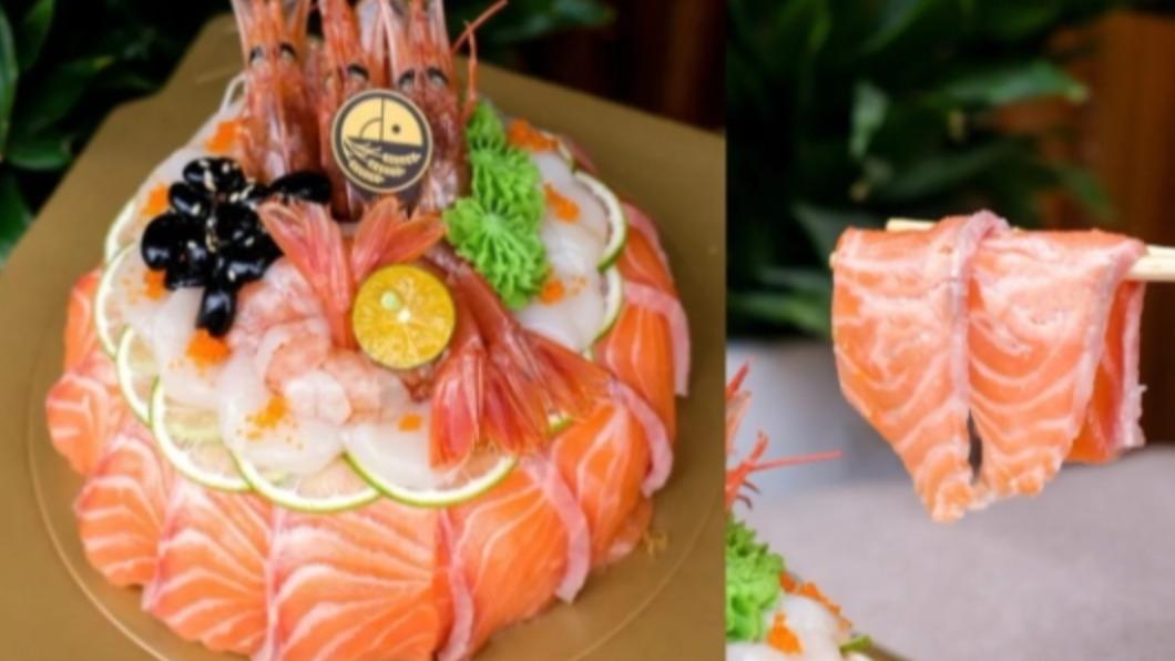 擁有超浮誇視覺的「鮭魚刺身蛋糕」。(圖/肉依小姐吃什麼提供)