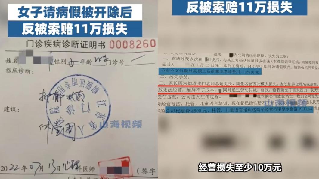 女職員因請3天病假,突遭公司解僱求償。(圖/翻攝自微博)