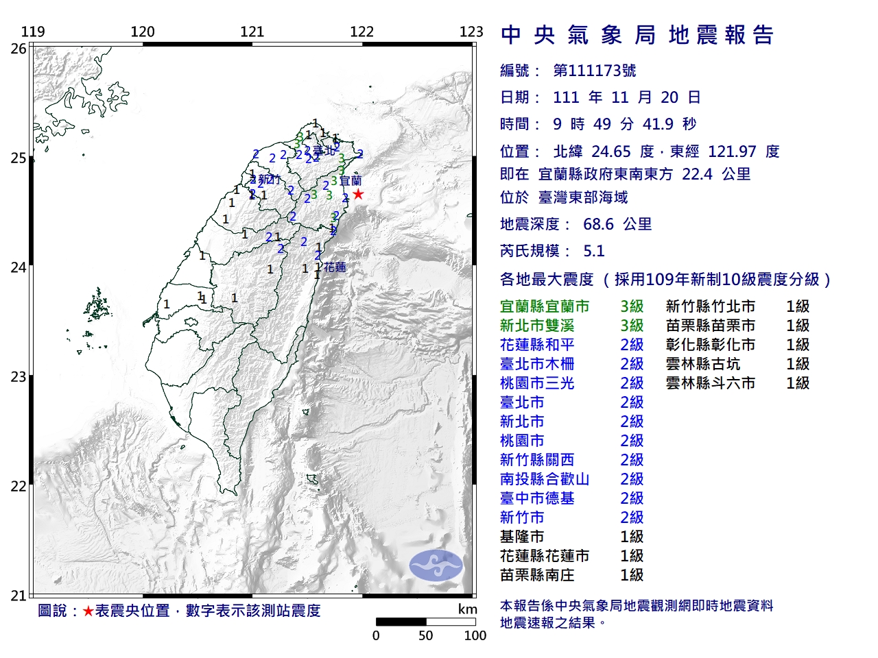 中央氣象局地震報告。（圖／中央氣象局）