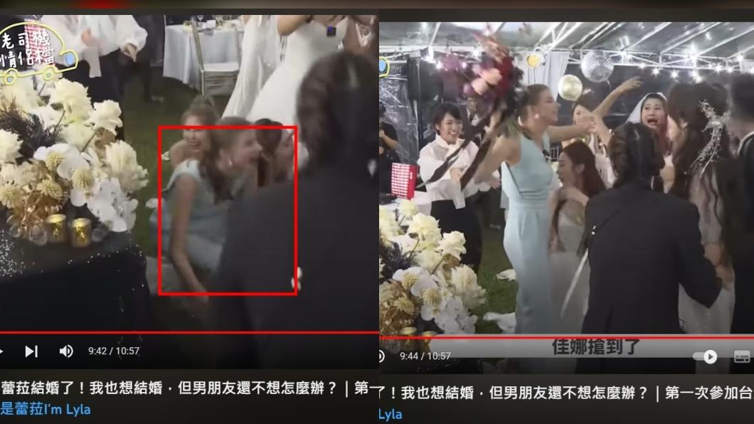 儘管跌倒,佳娜還是搶到了捧花。(圖/翻攝自佳娜老師機 YouTube)
