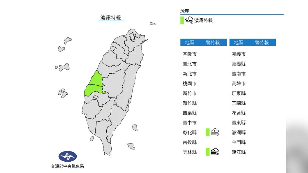氣象局針對中南部地區發布濃霧特報。（圖／中央氣象局）