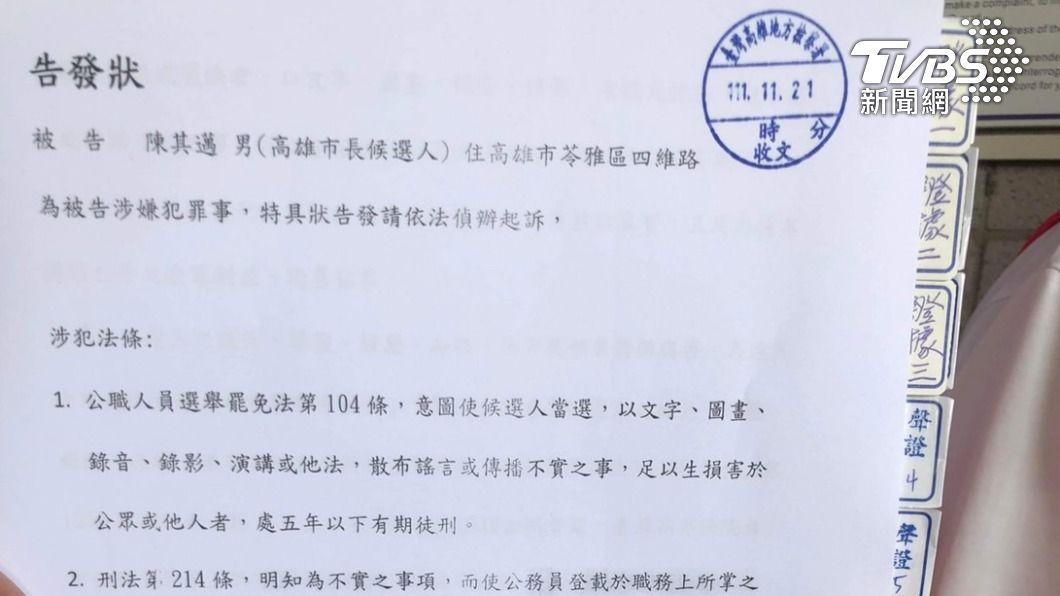 陳其邁告發狀。(圖/TVBS)