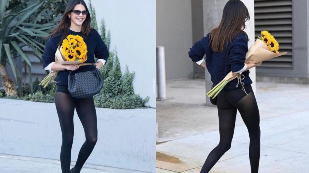 Kendall Jenner下半身僅穿「黑絲襪+黑緊身褲」。(圖/翻攝自dispatch_style IG)