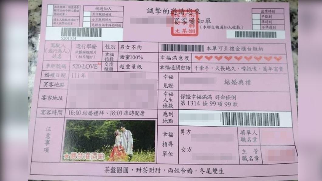 怎麼有「罰單」!新人喜帖太吸睛 退休警爸笑:別忘了繳