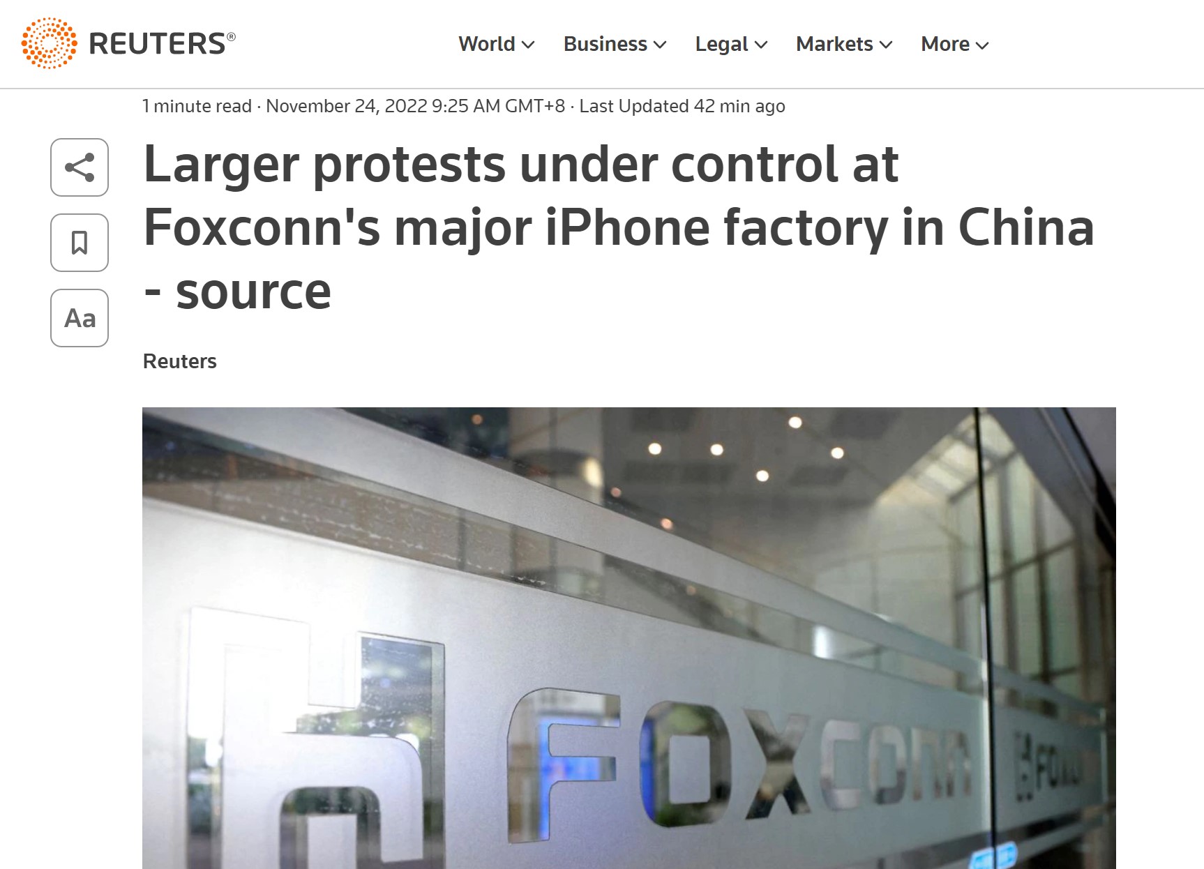 路透發布最新消息,指鄭州廠暴動狀況已經得到控制。(圖/翻攝自路透)
