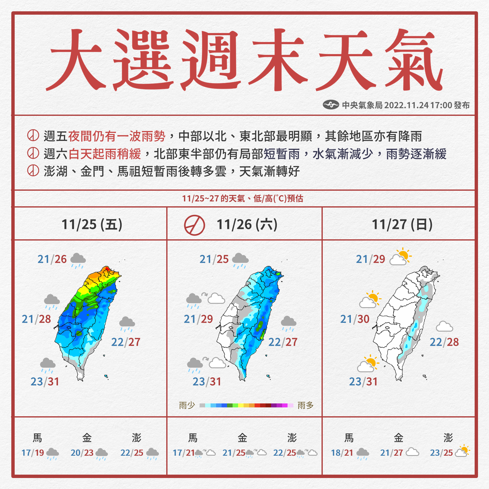 大選週末天氣。(圖/中央氣象局)