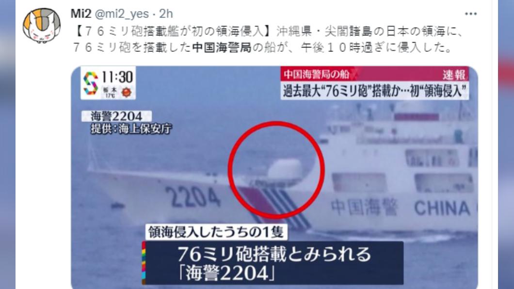 日媒指出首度有搭載76公厘艦砲的大陸海警船入侵「日本領海」。(圖/翻攝自推特)