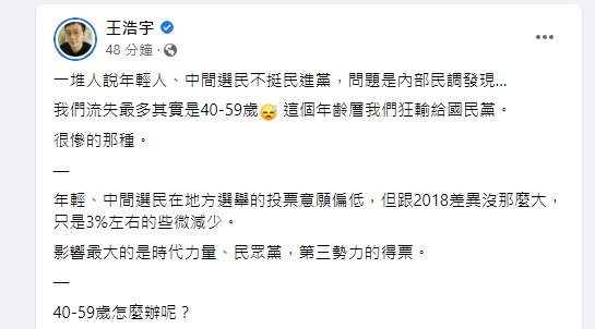 王浩宇曝光內部民調。(圖/翻攝王浩宇臉書)