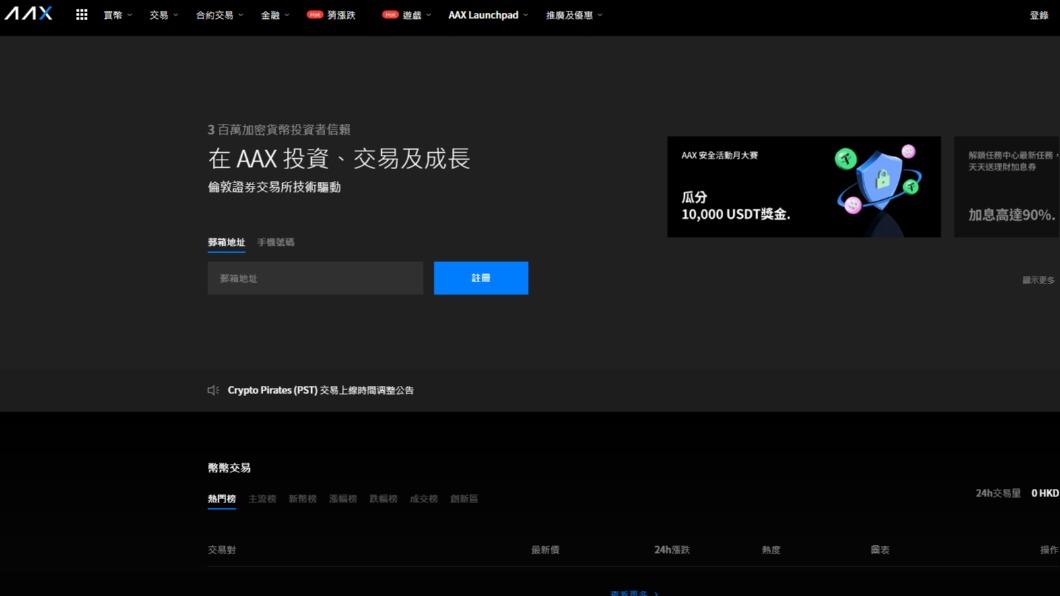 總部位在香港虛擬幣交易所AAX，驚傳高層捲款逃跑、公司暫停業務多時。（圖/翻攝自AAX官網）