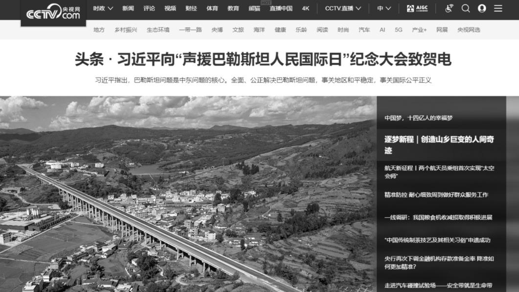 《央視》首頁改為黑白顯示。(圖/翻攝自《央視》)