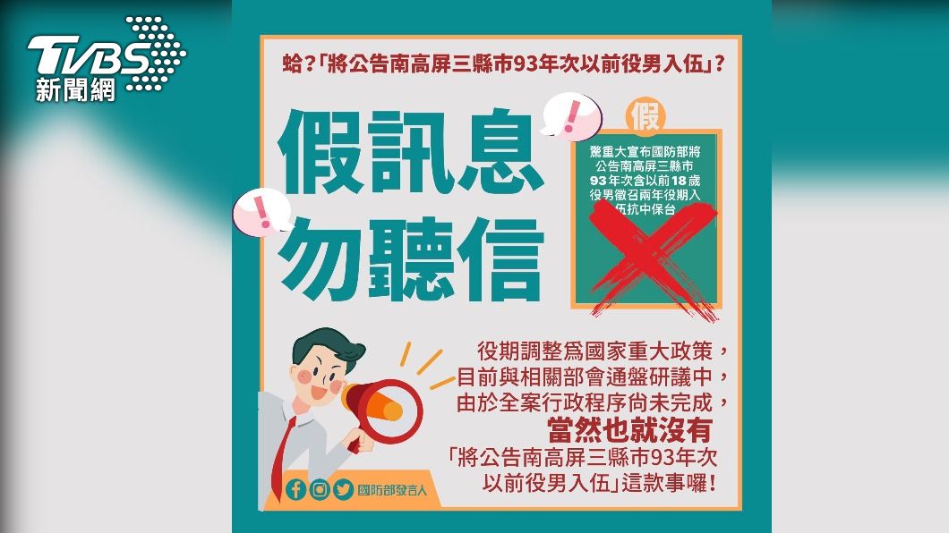 網瘋傳「南高屏93年次以前役男當2年兵」,國防部嚴正駁斥。(圖/國防部提供)