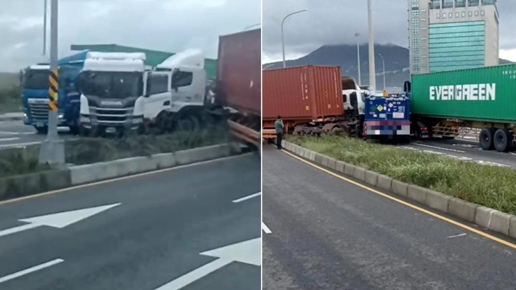 台北港稍早傳出3輛聯結車事故,民眾目擊拍下現場。(圖/翻攝社會事新聞影音)