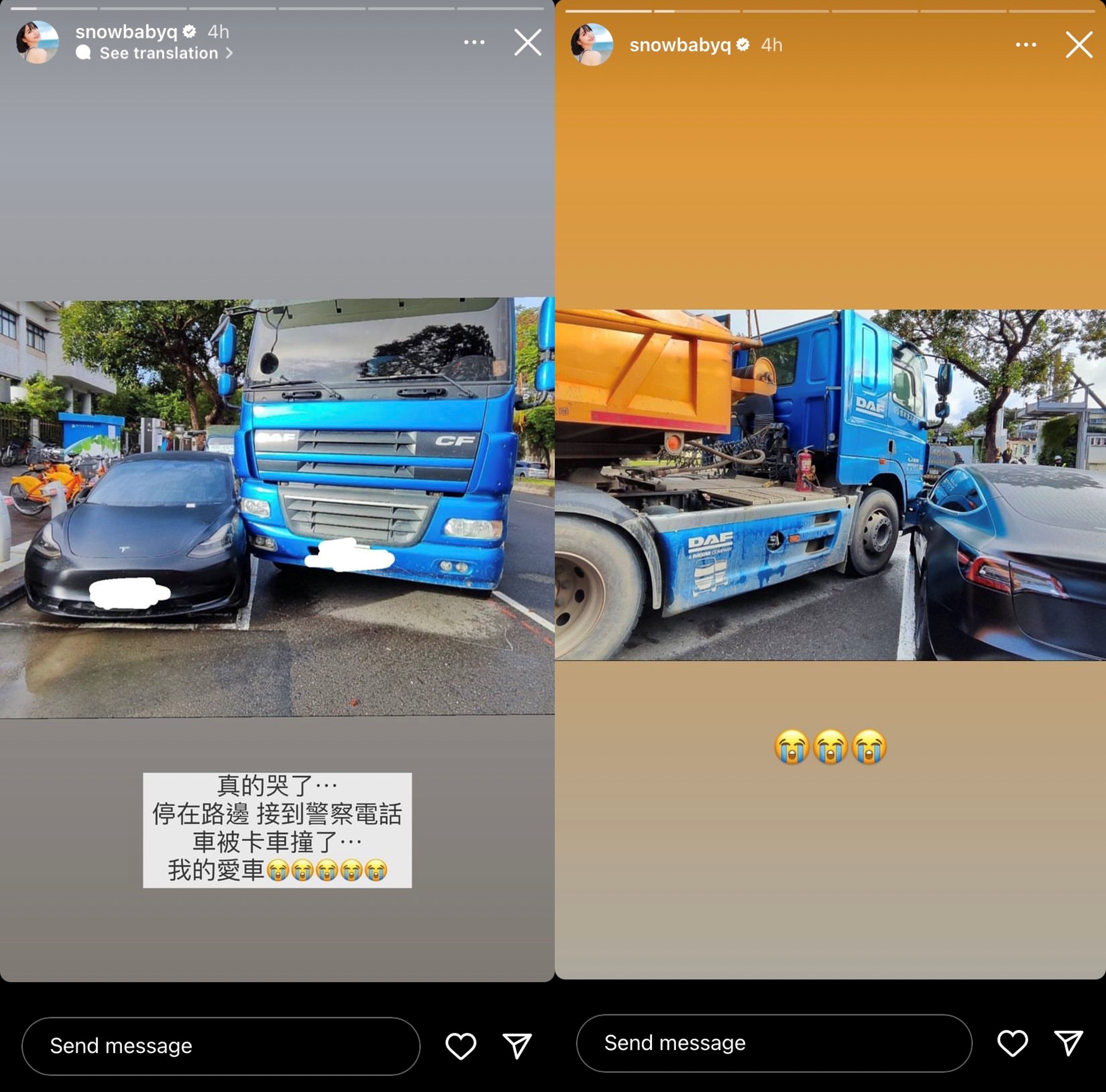 蔡瑞雪的特斯拉遭卡車撞上。 （圖／翻攝自蔡瑞雪IG）