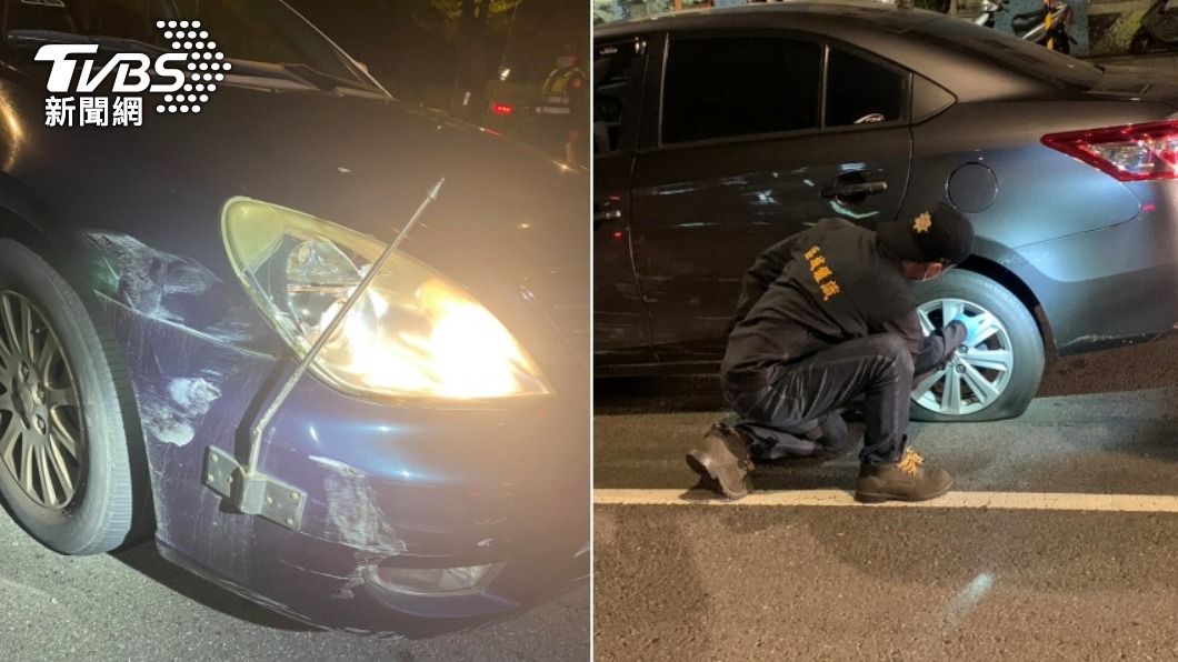 周男駕車衝撞警車,遭警員連開3槍射破左後輪才停下。(圖/TVBS)