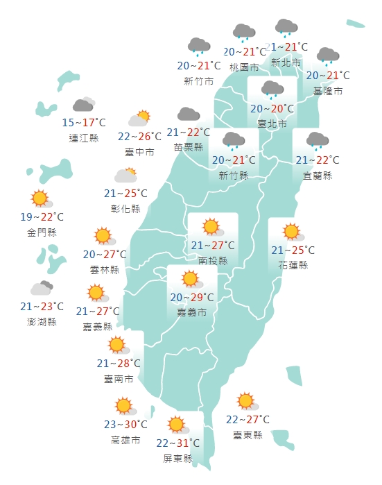 各縣市天氣預報。（圖／中央氣象局） 