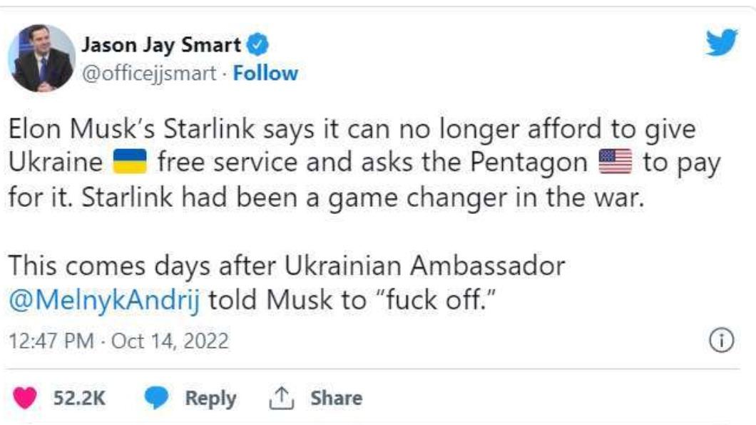 烏駐德大使梅爾尼克(Andrij Melnyk)嗆馬斯克後,後者一度揚言中止免費星鏈服務。(圖/翻攝自 推特@officejjsnart)