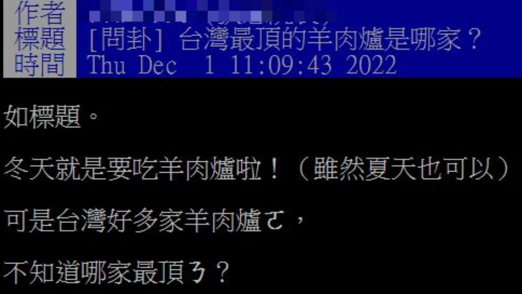 網友發文徵詢「全台最頂羊肉爐」,引發熱烈討論。(圖/翻攝自PTT)