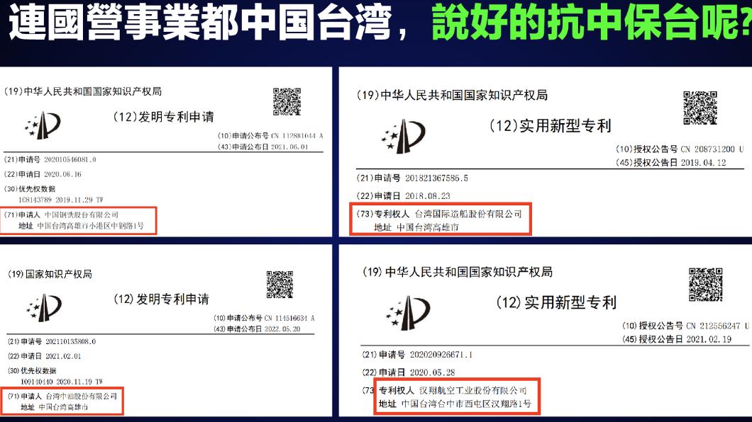 國民黨爆料,負責國艦國造的漢翔公司到對岸申請專利,卻登記「中國台灣」。(圖/國民黨提供)
