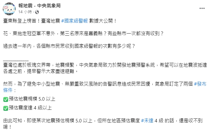 氣象局報地震發文。(圖/翻攝自報地震 - 中央氣象局臉書)