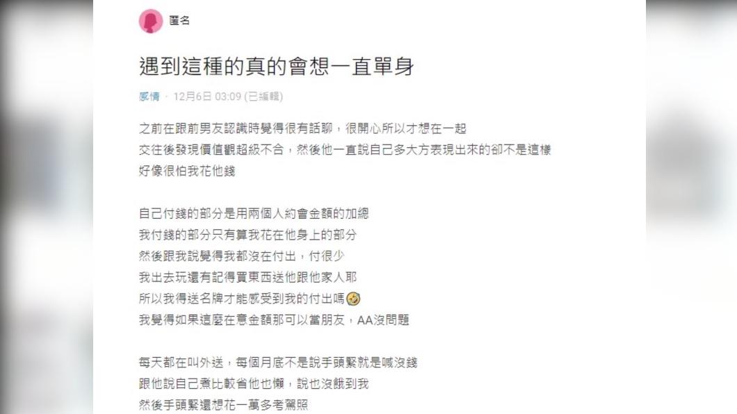 女網友抱怨前男友金錢觀。(圖/翻攝自Dcard)
