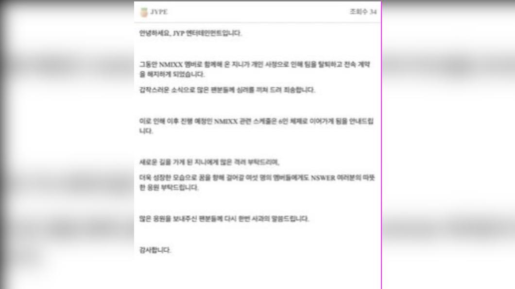 JYP發聲明宣告Jinni退團。(圖/JYP娛樂官網)