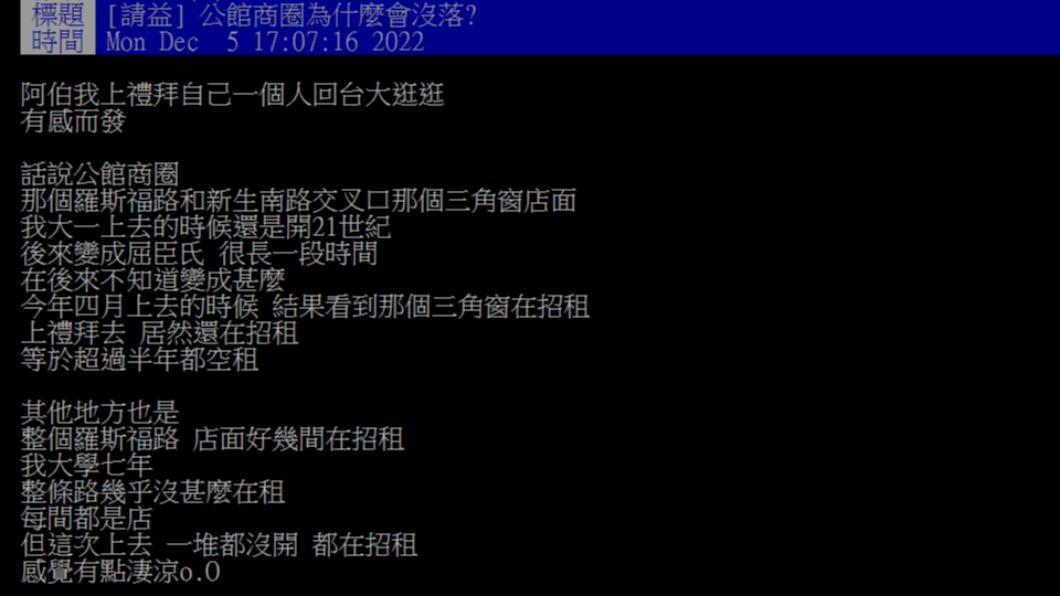原PO好奇,公館商圈為何會沒落?(圖/翻攝自PTT)