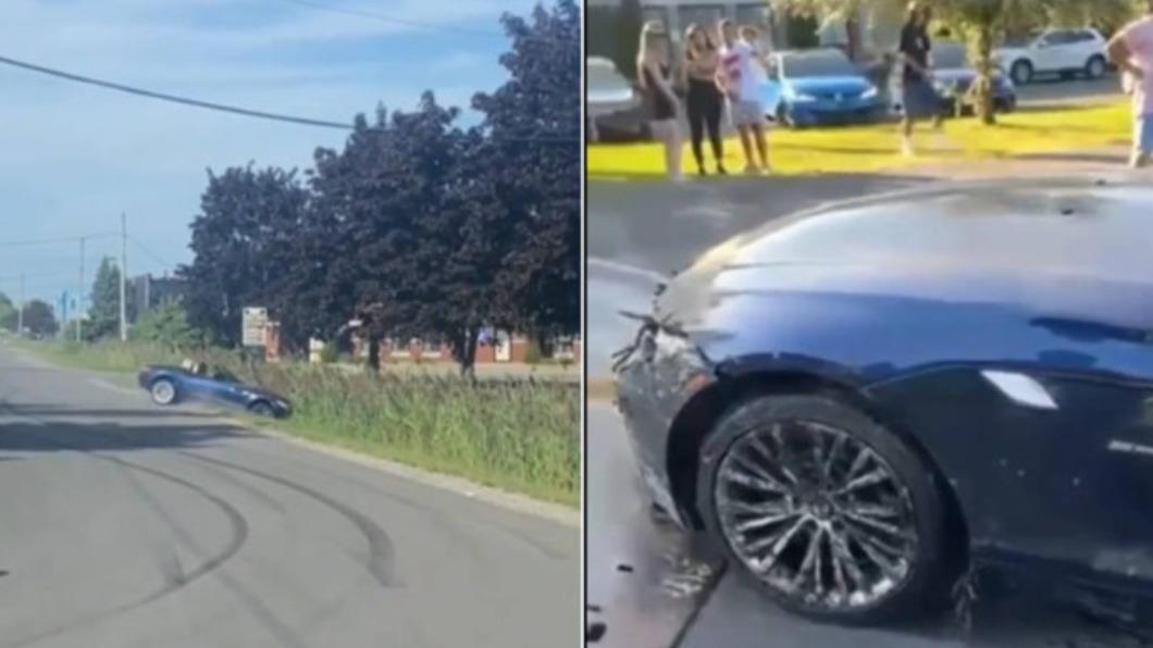 BMW Z4想要仿效,但卻在甩尾過程中,直接滑進了路旁深溝。(圖/翻攝自Reddit)