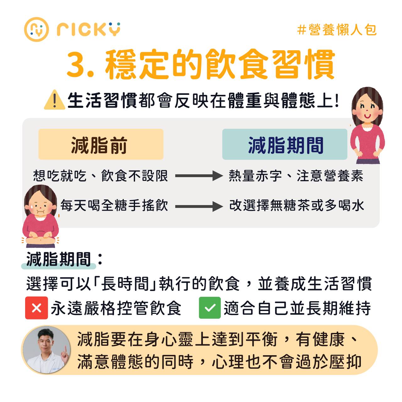 維持穩定的飲食習慣,瘦身必見效。(圖/翻攝自營養師Ricky臉書)