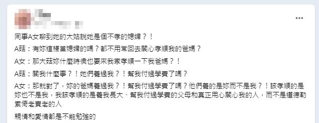 原PO同事遭大姑指責「都不用常回去關心孝順我的爸媽？」（圖／翻攝自毒姑九賤婆媳討論區臉書）