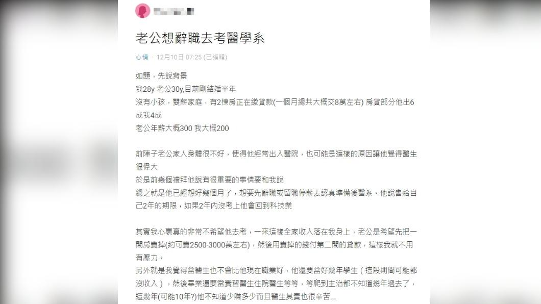 原PO透露,老公突然想轉考醫學系。(圖/翻攝自Dcard)