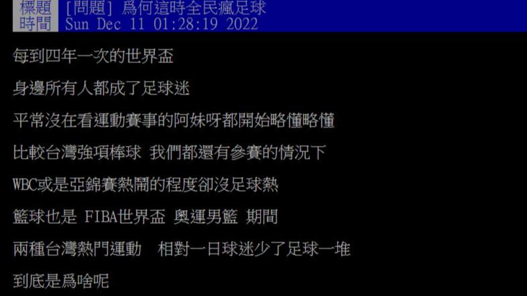 網友發文詢問,為何台灣人會這麼瘋世足?(圖/翻攝自PTT)