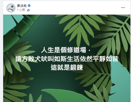 吳淡如在苦苓發文後的4分鐘內寫下「人生是個修道場」。(圖/翻攝自吳淡如臉書)