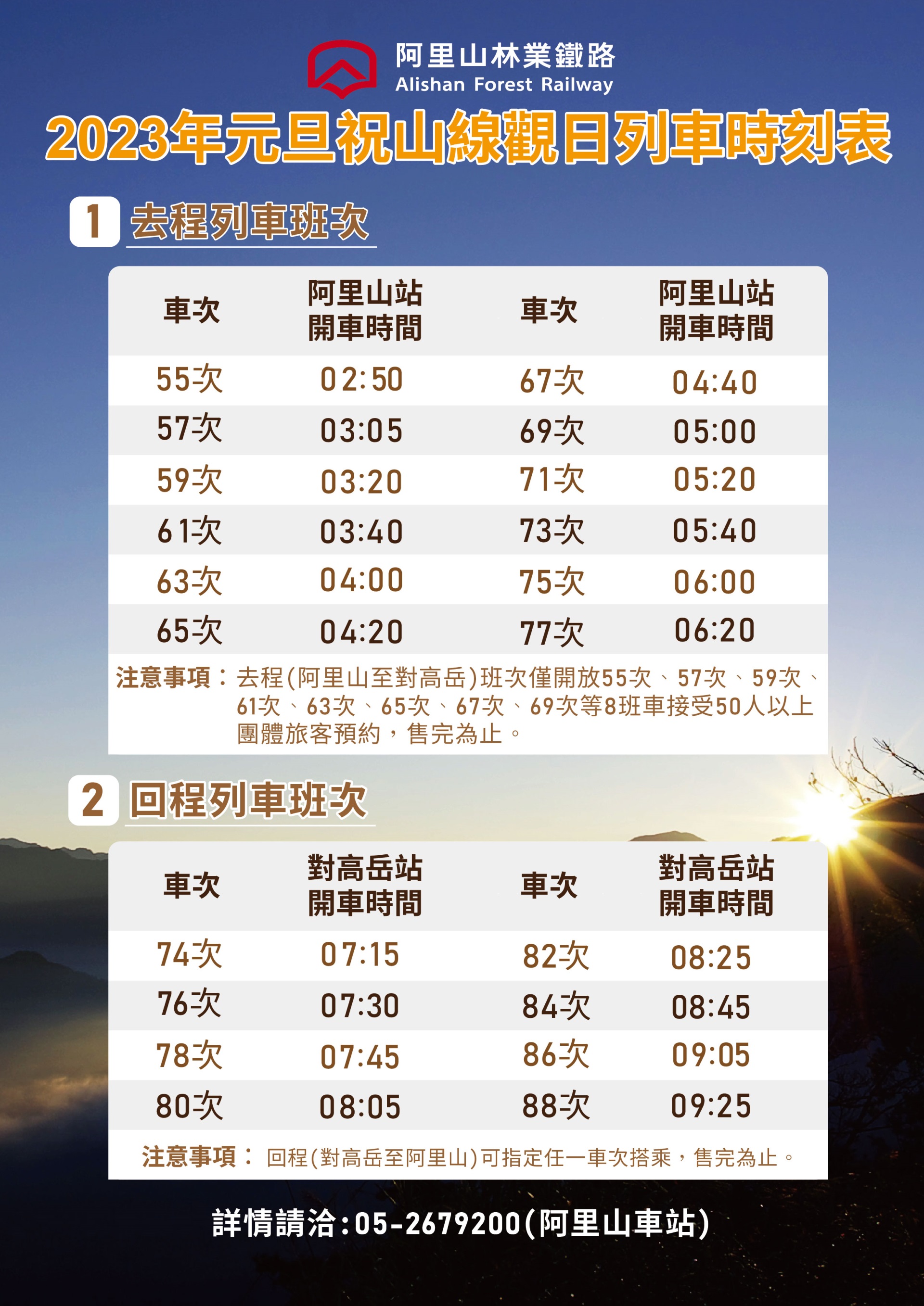 2023年祝山線觀日列車時刻表。(圖/翻攝自阿里山林業鐵路及文化資產管理處網站)