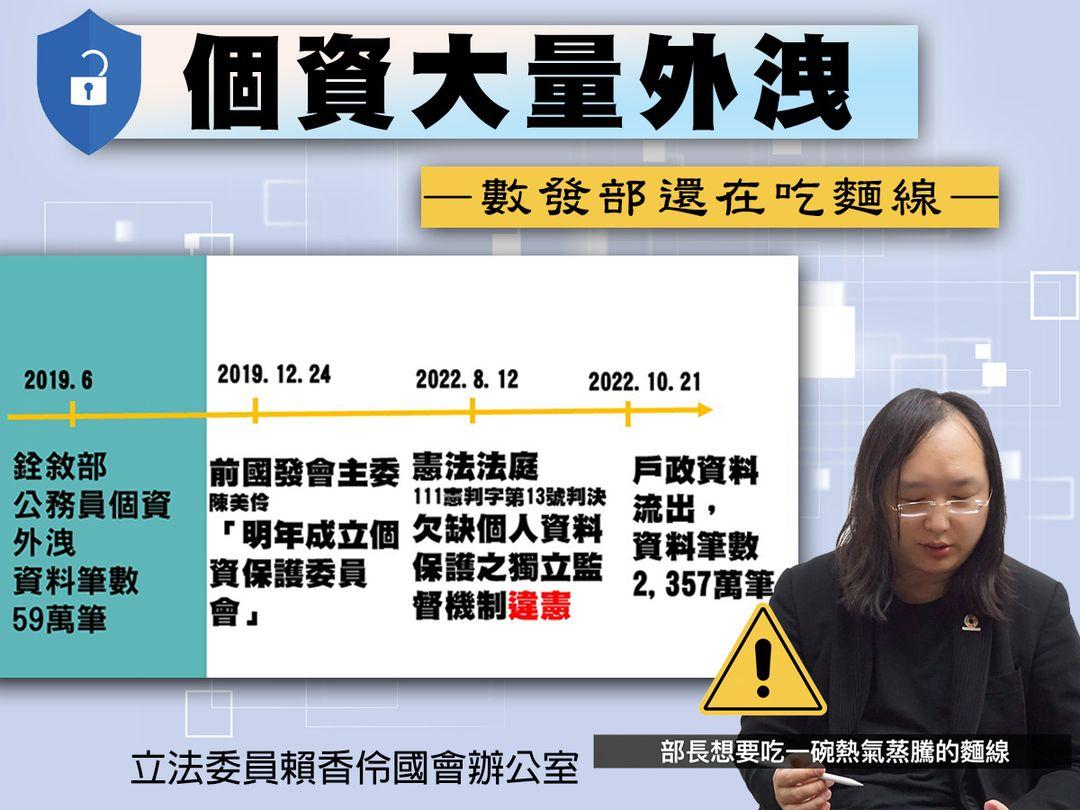 民眾黨立委賴香伶批個資大量外洩,數發部還在吃麵線。(圖/翻攝賴香伶臉書)