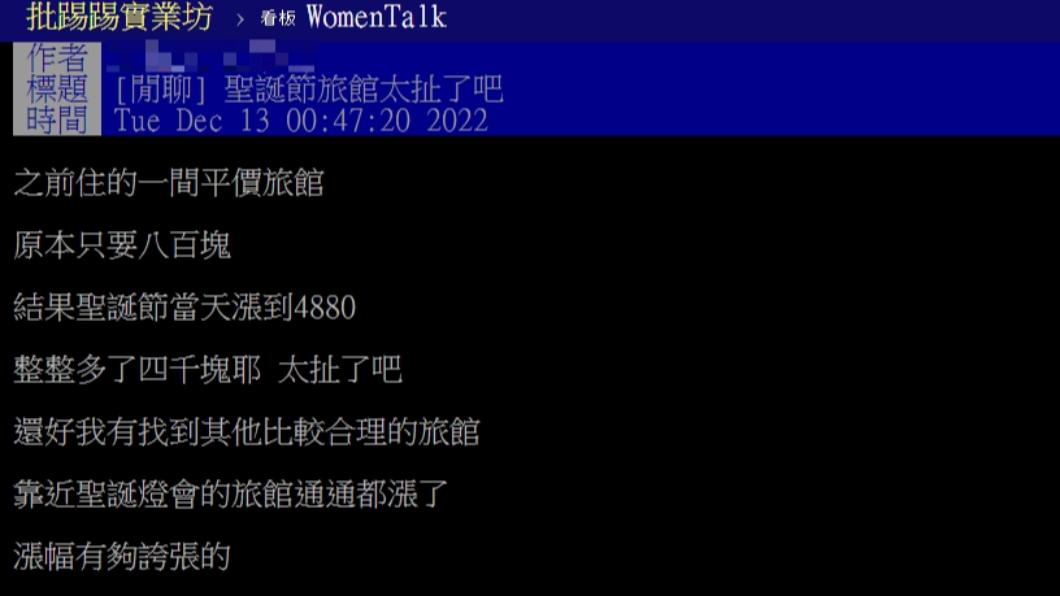 網友在PTT發文抱怨耶誕節房價太貴。(圖/翻攝自PTT)
