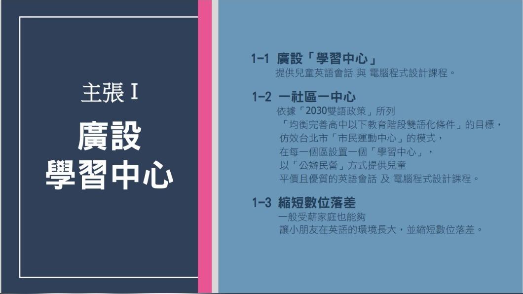 台北市立委補選參選人吳怡農提出一區一學習中心目標。(圖/吳怡農競辦提供)