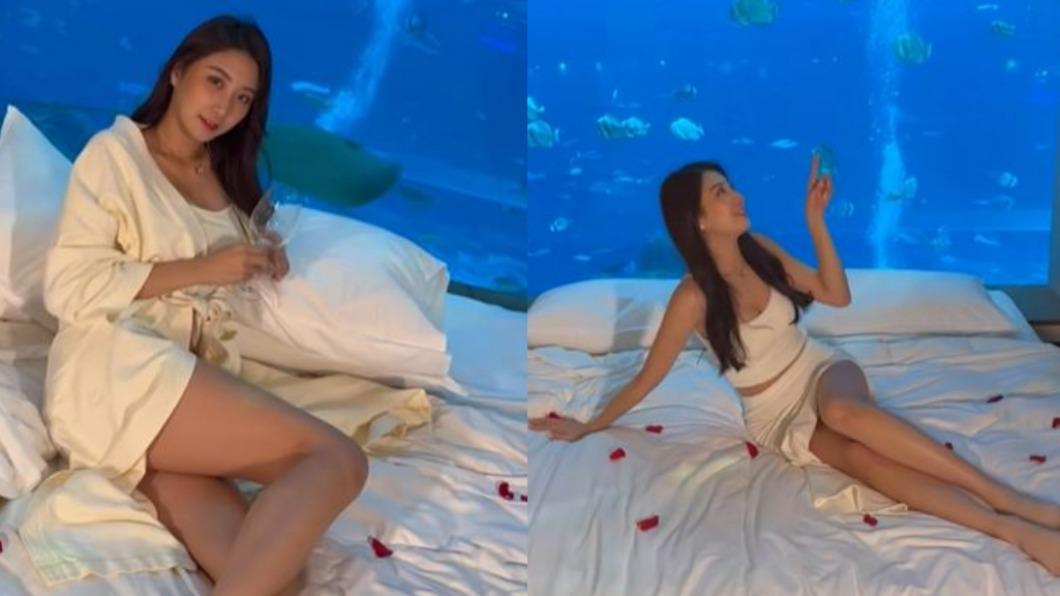 Wendy曬出夜宿水族館的床照，下體失蹤。（圖／翻攝自Wendy IG）